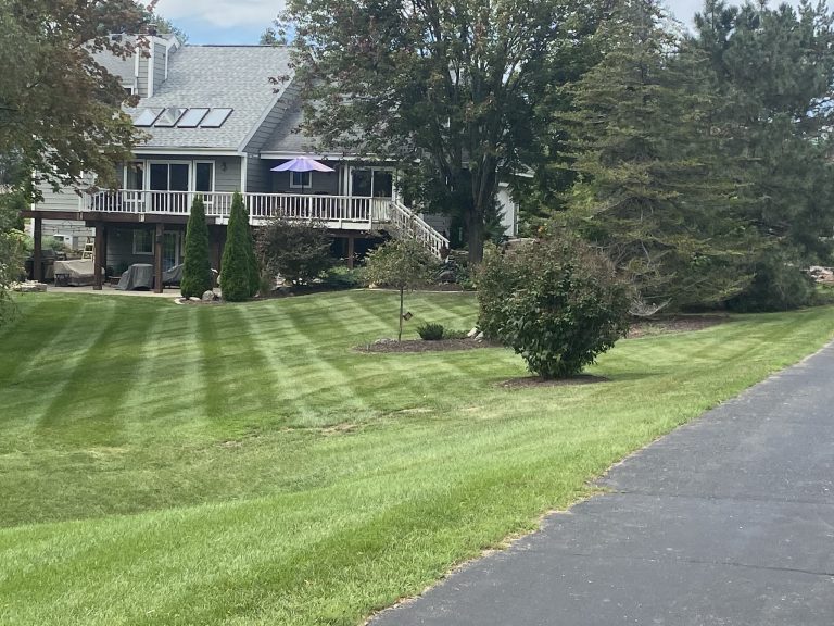Suburban house with manicured lawn and trees.